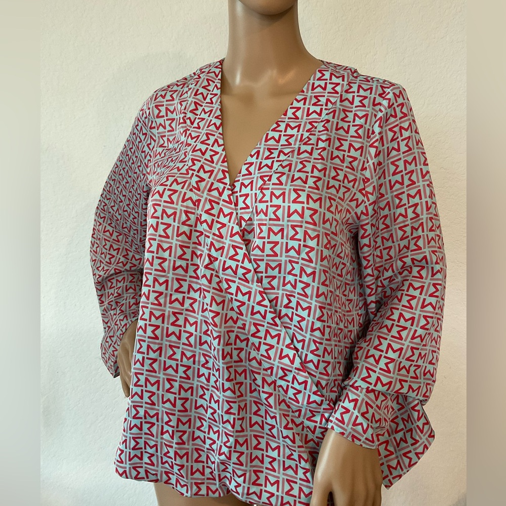 Worthington V Neck Front Cross Wrap Geometric Top Work Blouse Long Sleeve Sm